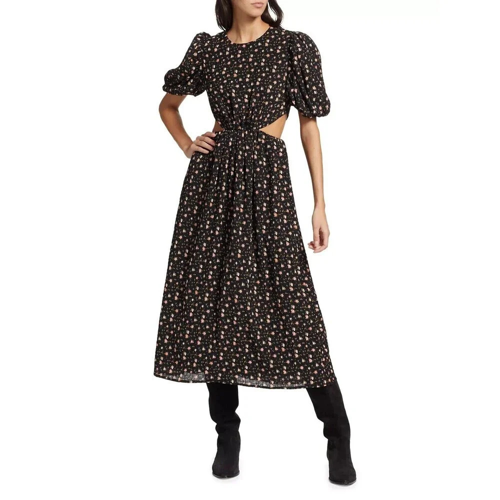Wayf Womens Marcela Floral Cut-Out Midi-Dress Black Small Puff Sleeve Ret $148